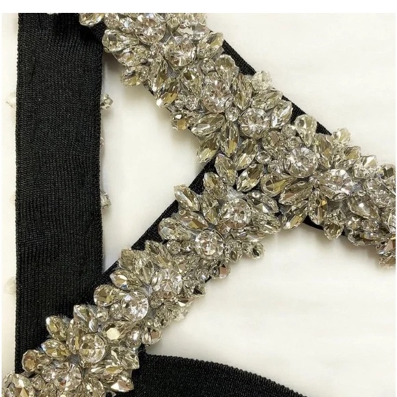 High Quality Black One-Shoulder Shiny Diamond Beaded Rayon Bandage Dress Elegant - Picture 5 of 6